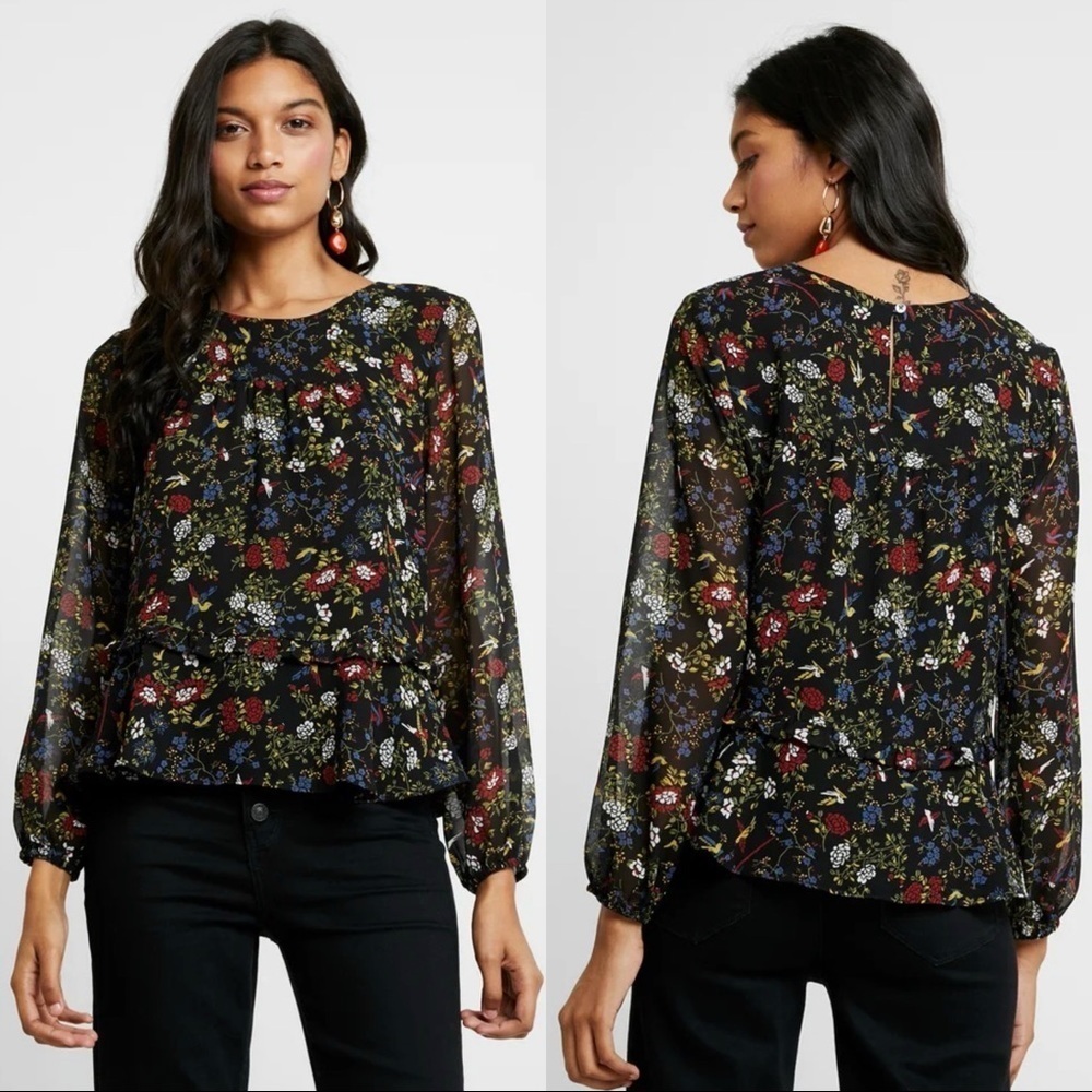 NWT Madewell Black Finch Floral Ruffle Peplum Top